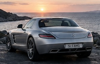 Rear three-quarter view of a silver SLS AMG Coupé